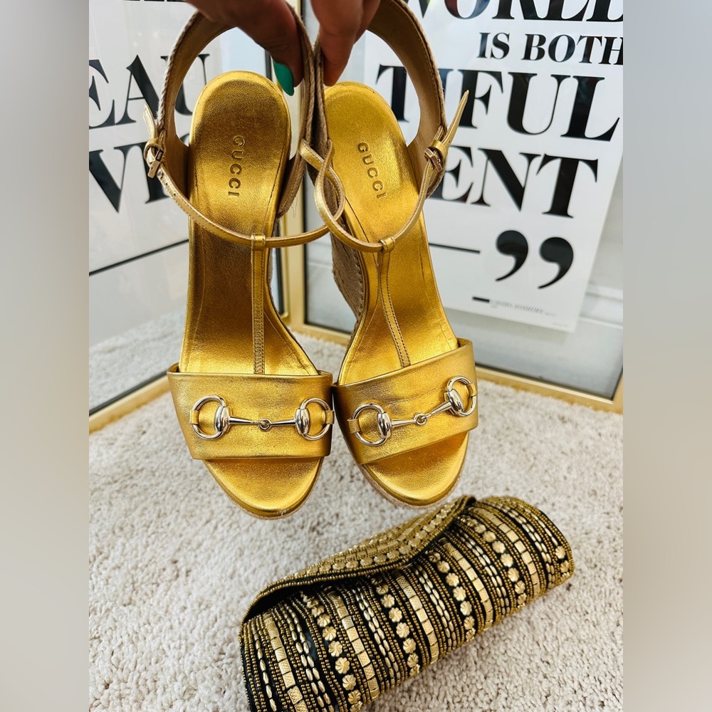 Authentic Gucci Genuine Gold Leather Wedge Platform Espadrilles w Horsebit 39.5 - Picture 5 of 9